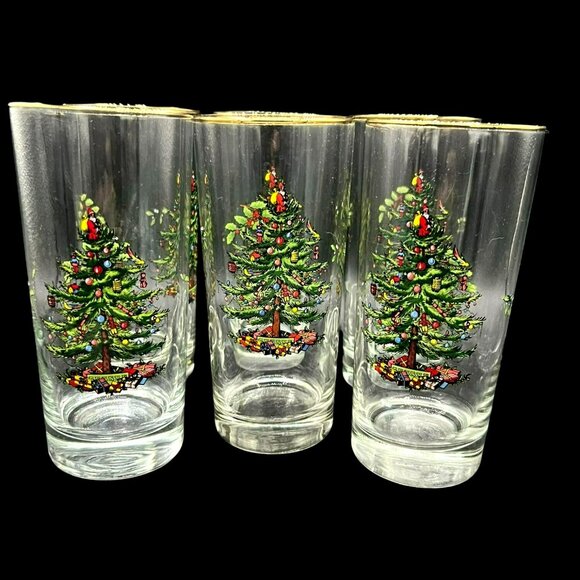 Set of 6 SPODE 10 oz Tumblers Christmas Tree Gold Trim - Picture 2 of 5